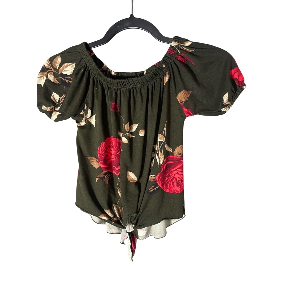 Pinc Kidz Girls Olive Green Red Rose Floral Off Shoulder Tie Front Top Size 6X